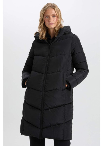 Su Geçirmez Uzun Şişme Mont Parka Isı Yalıtımlı Kapüşonlu Kapitoneli fermuarlı Cepli A3174AX24WN