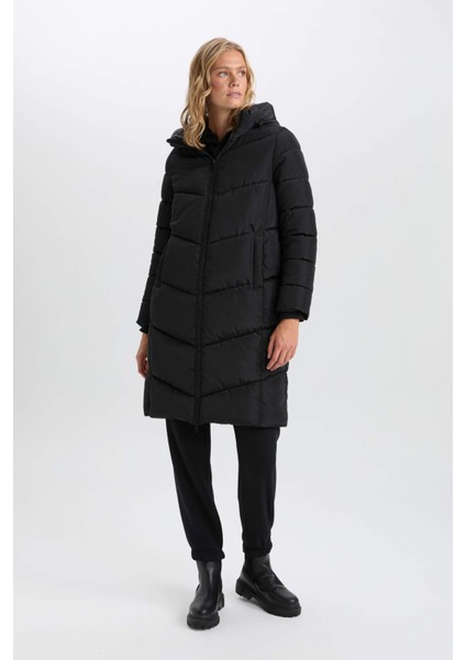 Su Geçirmez Uzun Şişme Mont Parka Isı Yalıtımlı Kapüşonlu Kapitoneli fermuarlı Cepli A3174AX24WN