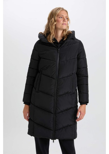 Su Geçirmez Uzun Şişme Mont Parka Isı Yalıtımlı Kapüşonlu Kapitoneli fermuarlı Cepli A3174AX24WN