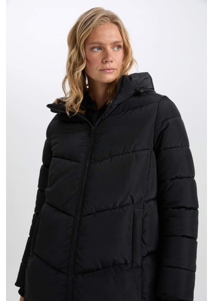 Su Geçirmez Uzun Şişme Mont Parka Isı Yalıtımlı Kapüşonlu Kapitoneli fermuarlı Cepli A3174AX24WN