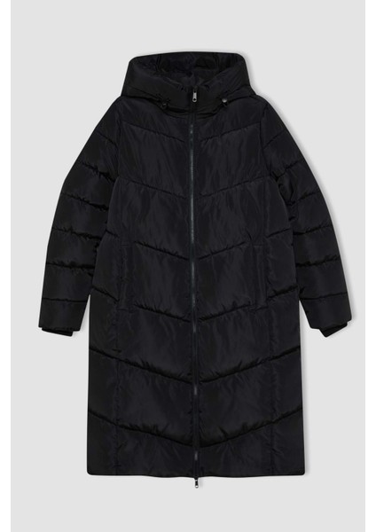 Su Geçirmez Uzun Şişme Mont Parka Isı Yalıtımlı Kapüşonlu Kapitoneli fermuarlı Cepli A3174AX24WN