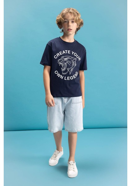 Erkek Çocuk Bisiklet Yaka Renk Şekil Değiştiren Baskılı Kısa Kollu Tişört