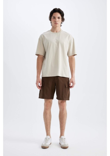 %100 Pamuk Regular Fit Keten Görünümlü Kargo Bermuda Şort B5676AX24SM