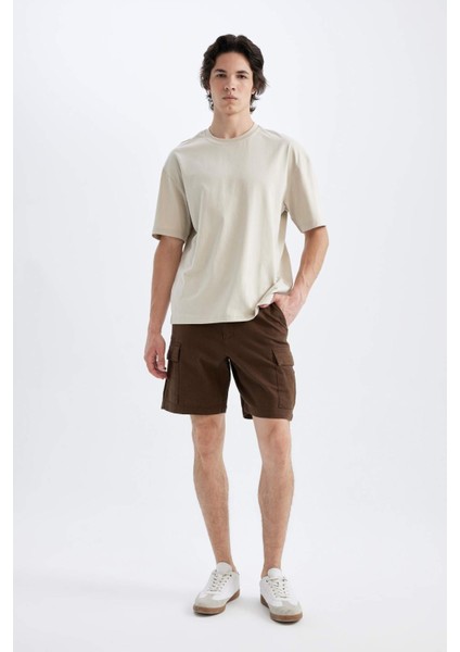 %100 Pamuk Regular Fit Keten Görünümlü Kargo Bermuda Şort B5676AX24SM