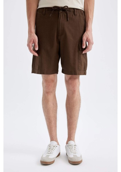 %100 Pamuk Regular Fit Keten Görünümlü Kargo Bermuda Şort B5676AX24SM
