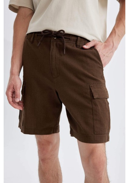 %100 Pamuk Regular Fit Keten Görünümlü Kargo Bermuda Şort B5676AX24SM