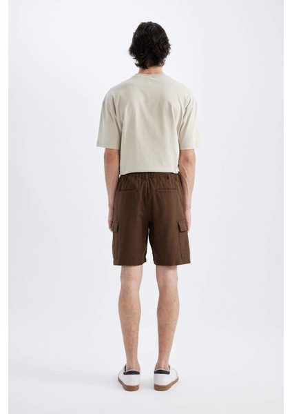 %100 Pamuk Regular Fit Keten Görünümlü Kargo Bermuda Şort B5676AX24SM