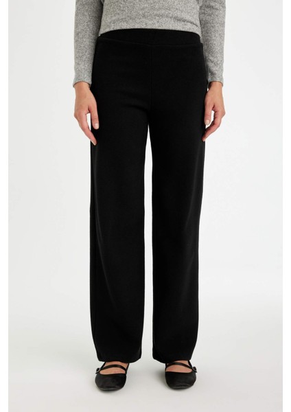 Siyah Triko Pantolon Wide Leg Geniş Bol Paça Selanik Kumaş Basic Düz D0361AX24AU