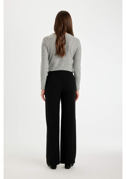 Siyah Triko Pantolon Wide Leg Geniş Bol Paça Selanik Kumaş Basic Düz D0361AX24AU