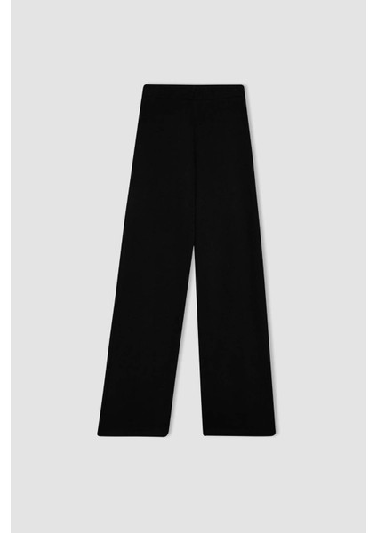 Siyah Triko Pantolon Wide Leg Geniş Bol Paça Selanik Kumaş Basic Düz D0361AX24AU