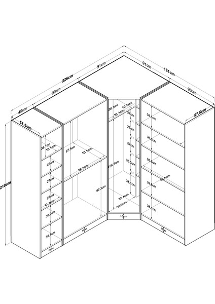 BA152 Geniş Köşe Gardırop Elbise Dolabı 6 Kapaklı 16 Raflı 3 Askılı Modüler Dolap Beyaz fiyatları