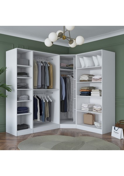 BA152 Geniş Köşe Gardırop Elbise Dolabı 6 Kapaklı 16 Raflı 3 Askılı Modüler Dolap Beyaz modelleri