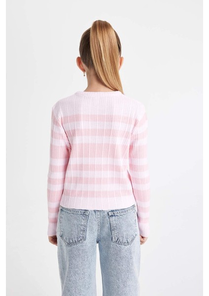 Kız Çocuk Pembe Çizgili Standart Fit Bisiklet Yaka Dar Triko Kazak C6974A824AU