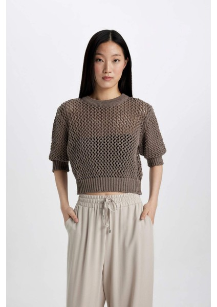 Bisiklet Yaka Yarım Kollu Kroşe Triko Tişört C9165AX24SM