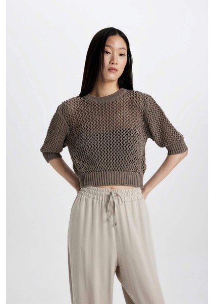 Bisiklet Yaka Yarım Kollu Kroşe Triko Tişört C9165AX24SM