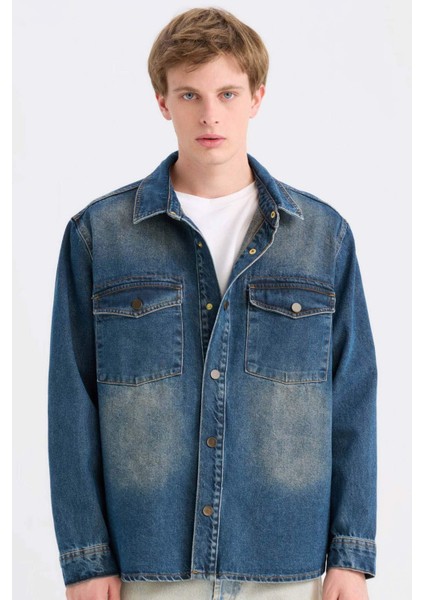 %100 Pamuk Relax Fit Uzun Kollu Cepli Jean Gömlek Ceket D0448AX24AU