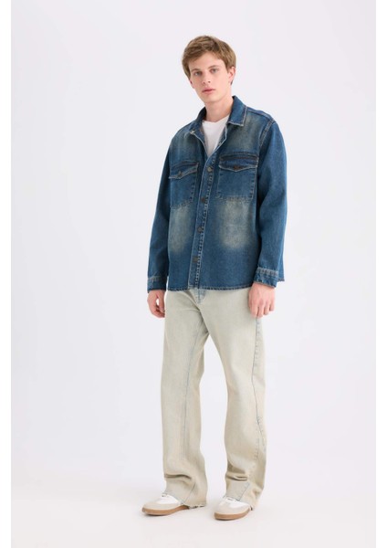 %100 Pamuk Relax Fit Uzun Kollu Cepli Jean Gömlek Ceket D0448AX24AU