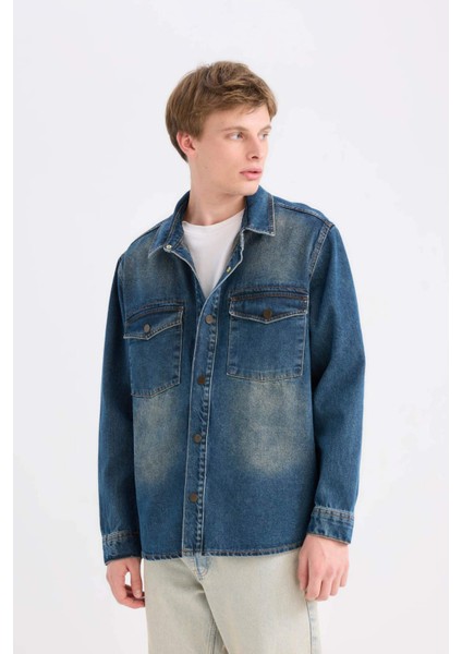 %100 Pamuk Relax Fit Uzun Kollu Cepli Jean Gömlek Ceket D0448AX24AU