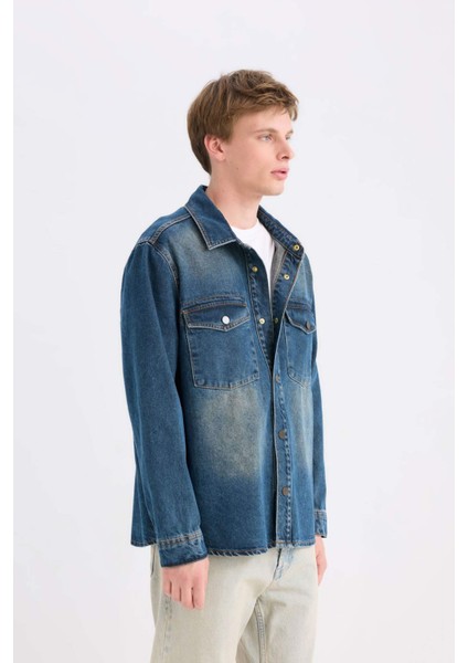 %100 Pamuk Relax Fit Uzun Kollu Cepli Jean Gömlek Ceket D0448AX24AU