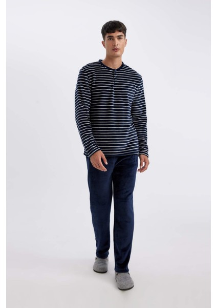 Pijama Takımı Regular Fit Polar Bisiklet Yaka Çizgili Uzun Kollu Üst Alt A3443AX24WN