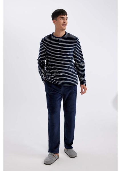 Pijama Takımı Regular Fit Polar Bisiklet Yaka Çizgili Uzun Kollu Üst Alt A3443AX24WN