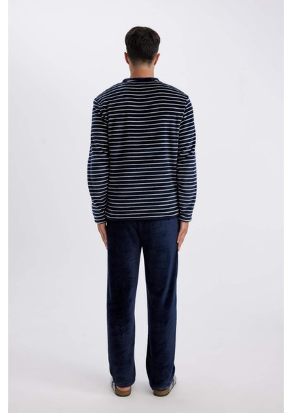 Pijama Takımı Regular Fit Polar Bisiklet Yaka Çizgili Uzun Kollu Üst Alt A3443AX24WN
