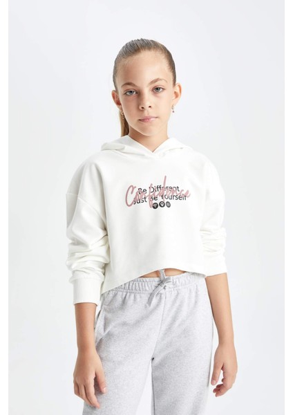 Kız Çocuk Oversize Geniş Kalıp Crop Kapüşonlu Baskılı Sweatshirt D0314A824AU