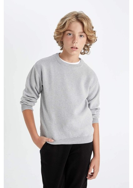 Erkek Çocuk Gri Bisiklet Yaka Basic Düz Triko Kazak