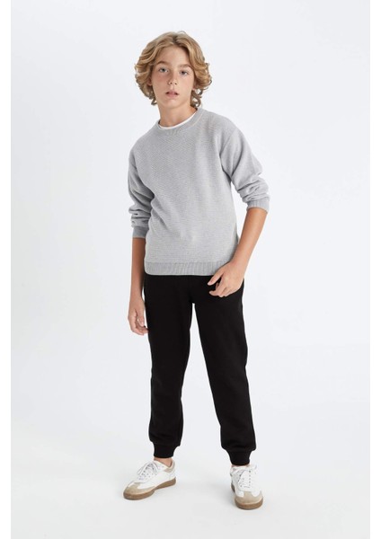 Erkek Çocuk Gri Bisiklet Yaka Basic Düz Triko Kazak