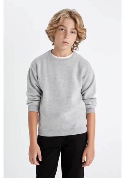 Erkek Çocuk Gri Bisiklet Yaka Basic Düz Triko Kazak