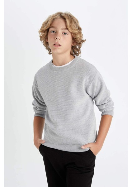 Erkek Çocuk Gri Bisiklet Yaka Basic Düz Triko Kazak