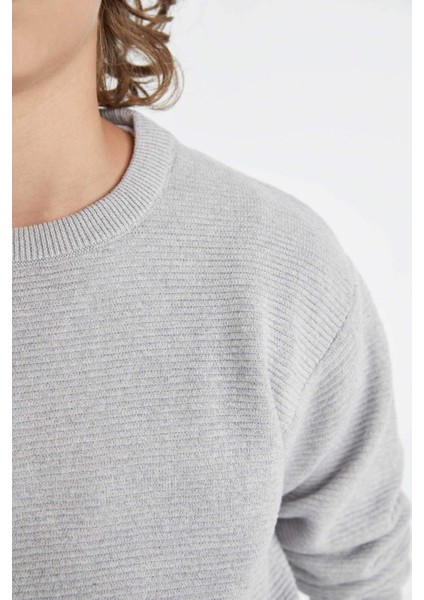 Erkek Çocuk Gri Bisiklet Yaka Basic Düz Triko Kazak