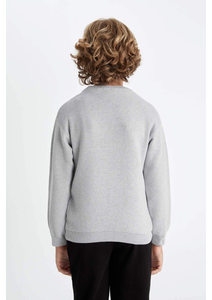 Erkek Çocuk Gri Bisiklet Yaka Basic Düz Triko Kazak