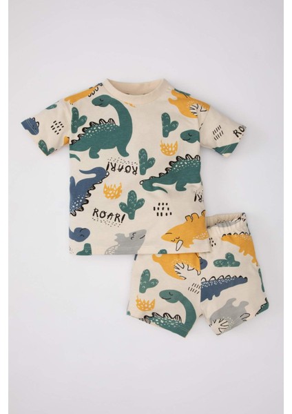 Erkek Bebek 2'li Takım Dinazor Baskılı Bisiklet Yaka Kısa Kollu Tişört Şort