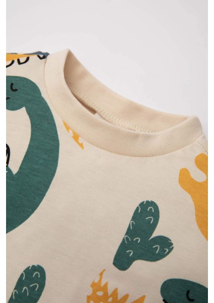 Erkek Bebek 2'li Takım Dinazor Baskılı Bisiklet Yaka Kısa Kollu Tişört Şort