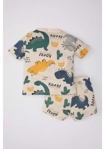 Erkek Bebek 2'li Takım Dinazor Baskılı Bisiklet Yaka Kısa Kollu Tişört Şort