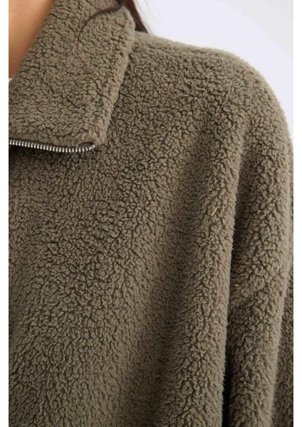 Oversize Geniş Kalıp Polo Yaka Welsoft Pelüş Fermuarlı Hırka C8229AX24WN