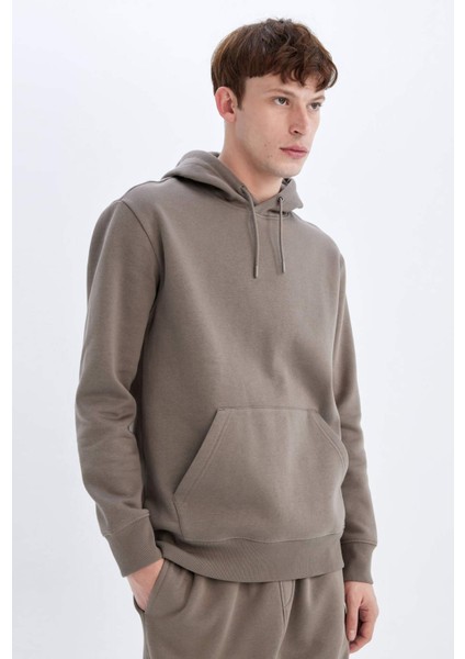 Regular Fit Kapüşonlu Kanguru Cepli İçi Yumuşak Tüylü Basic Düz Sweatshirt X8283AZ24AU