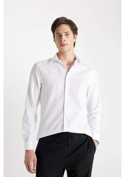 Modern Fit Polo Yaka Poplin Uzun Kollu Beyaz Gömlek R4340AZNS