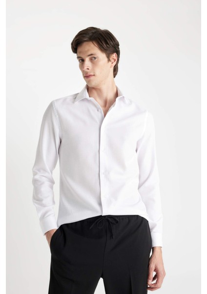 Modern Fit Polo Yaka Poplin Uzun Kollu Beyaz Gömlek R4340AZNS