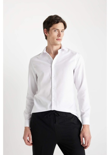 Modern Fit Polo Yaka Poplin Uzun Kollu Beyaz Gömlek R4340AZNS