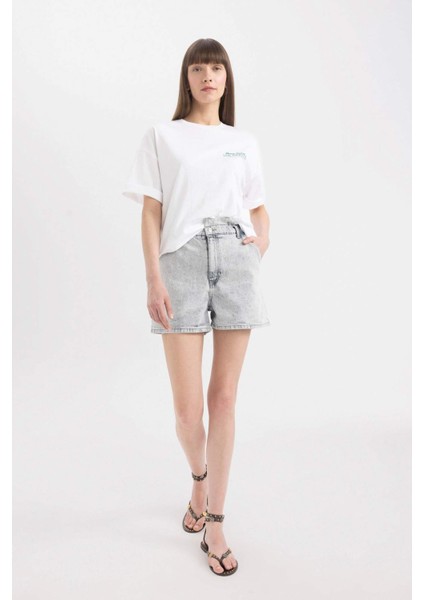 Paperbag Yüksek Bel Katlamalı Paça Jean Şort