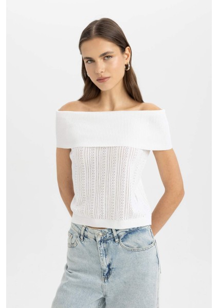 Fitted Açık Omuz Basic Düz Triko Bluz D0604AX24SM