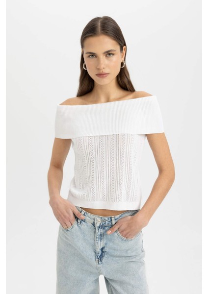 Fitted Açık Omuz Basic Düz Triko Bluz D0604AX24SM