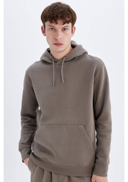 Regular Fit Kapüşonlu Kanguru Cepli İçi Yumuşak Tüylü Basic Düz Sweatshirt X8283AZ24AU