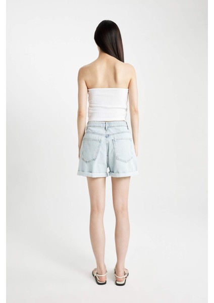 Mom Fit Yüksek Bel Katlamalı Paça Jean Şort