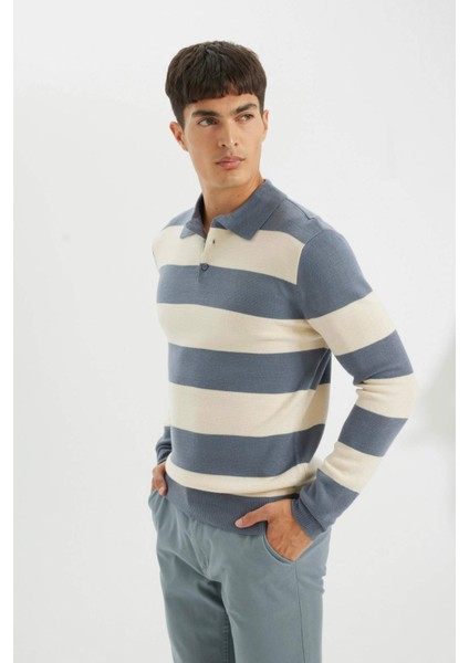 Standart Fit Polo Yaka Düğmeli Renk Bloklu Triko Kazak Y4194AZ24WN