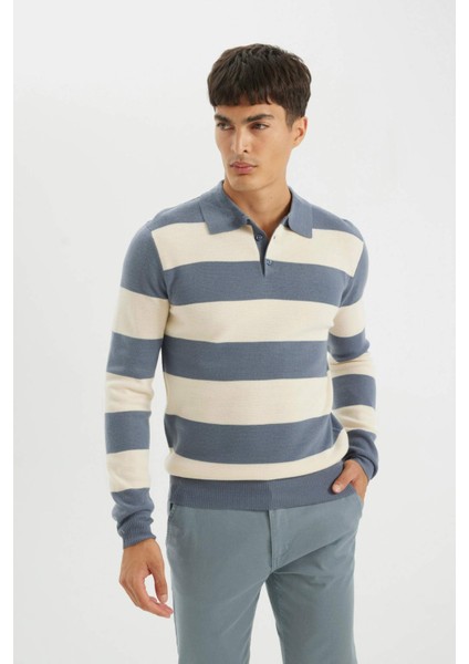 Standart Fit Polo Yaka Düğmeli Renk Bloklu Triko Kazak Y4194AZ24WN