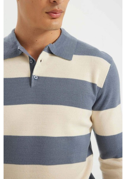 Standart Fit Polo Yaka Düğmeli Renk Bloklu Triko Kazak Y4194AZ24WN