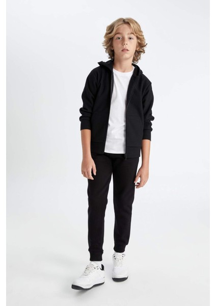Erkek Çocuk Siyah Beli Paçası Lastikli Cepli Basic Düz Jogger Okul Eşofman Altı W0773A624AU
